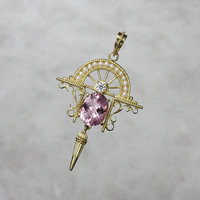 Art Deco style pendant, yellow gold pendant, pink tourmaline,diamond, and pearls