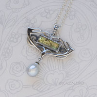 Vintage-Style Art Nouveau Silver Necklace with Rutilated Quartz and Baroque Pearl drop 