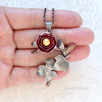 Japanese Camellia Pendant with Wild Ivy - Hido Red Copper and Golden Akoya Pearl