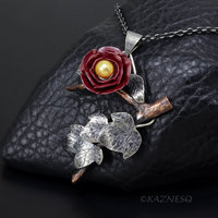 Japanese Camellia Pendant with Wild Ivy - Hido Red Copper and Golden Akoya Pearl