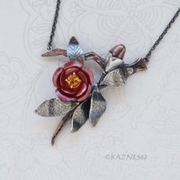 Japanese Red Camellia Pendant - Oxidized Silver & Red Copper with Golden Citrine
