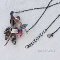 Japanese Red Camellia Pendant - Oxidized Silver & Red Copper with Golden Citrine