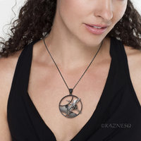 Sterling Silver Crane & Pine Pendant - Dimensional Japanese Nature Design