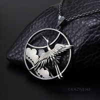 Sterling Silver Crane & Pine Pendant - Dimensional Japanese Nature Design