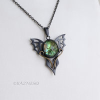 Handmade Gothic Pendant Necklace – Oxidized Silver Dragon Wing with Paua Shell Lemon Quartz Doublet & Brass Scrollwork