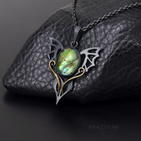 Handmade Gothic Pendant Necklace – Oxidized Silver Dragon Wing with Paua Shell Lemon Quartz Doublet & Brass Scrollwork