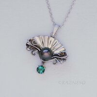Black Pearl Necklace for Evenings Out – Rococo Silver Shell, Blue-Green Tourmaline