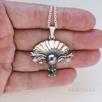 Black Pearl Necklace for Evenings Out – Rococo Silver Shell, Blue-Green Tourmaline