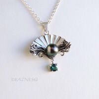 Black Pearl Necklace for Evenings Out – Rococo Silver Shell, Blue-Green Tourmaline