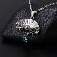 Black Pearl Necklace for Evenings Out – Rococo Silver Shell, Blue-Green Tourmaline