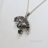 Black Pearl Necklace for Evenings Out – Rococo Silver Shell, Blue-Green Tourmaline