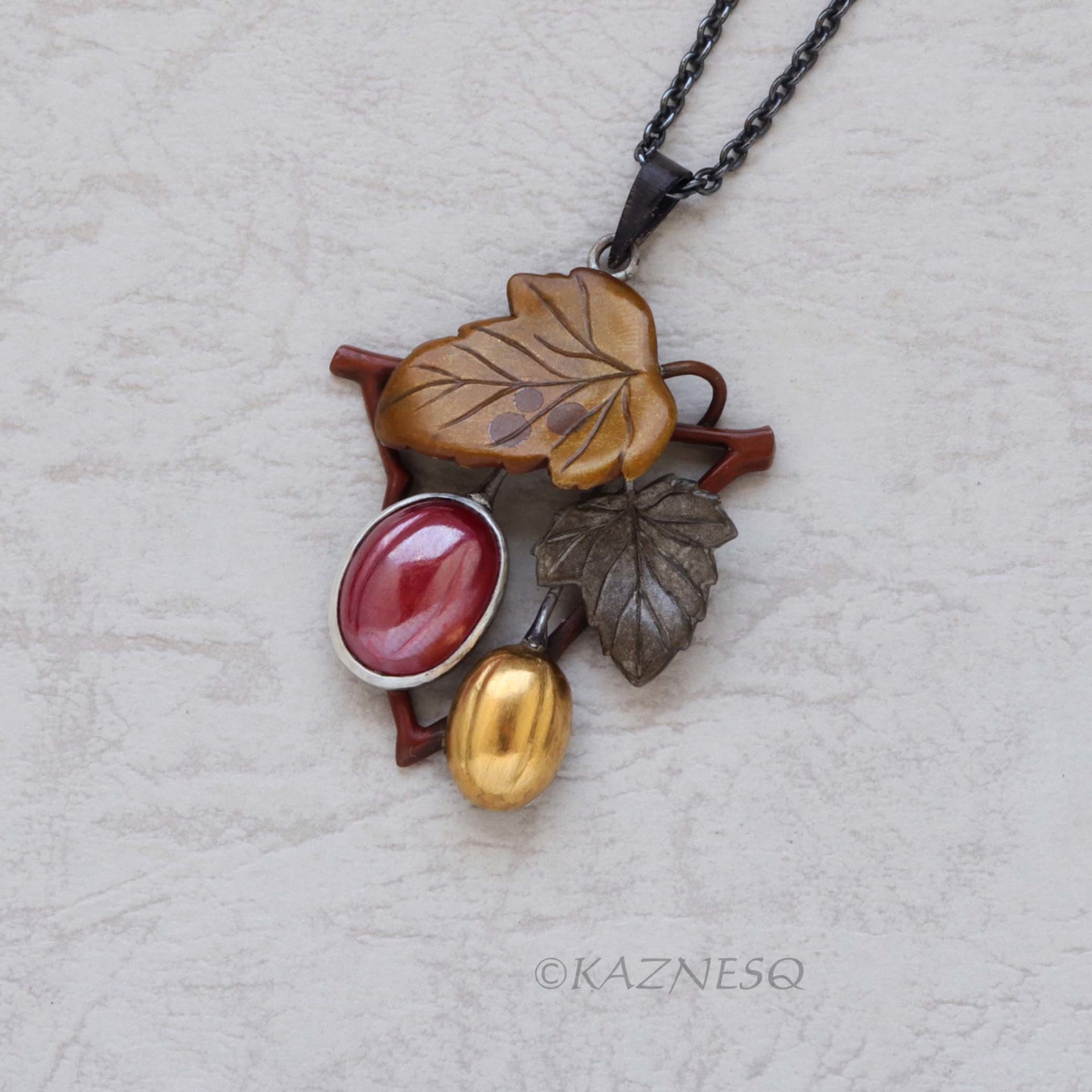 Traditional Japanese Techniques Hido and Iroage showcase Autumn Leaves and Fruit Necklace - Copper, Brass, and Shibuichi
