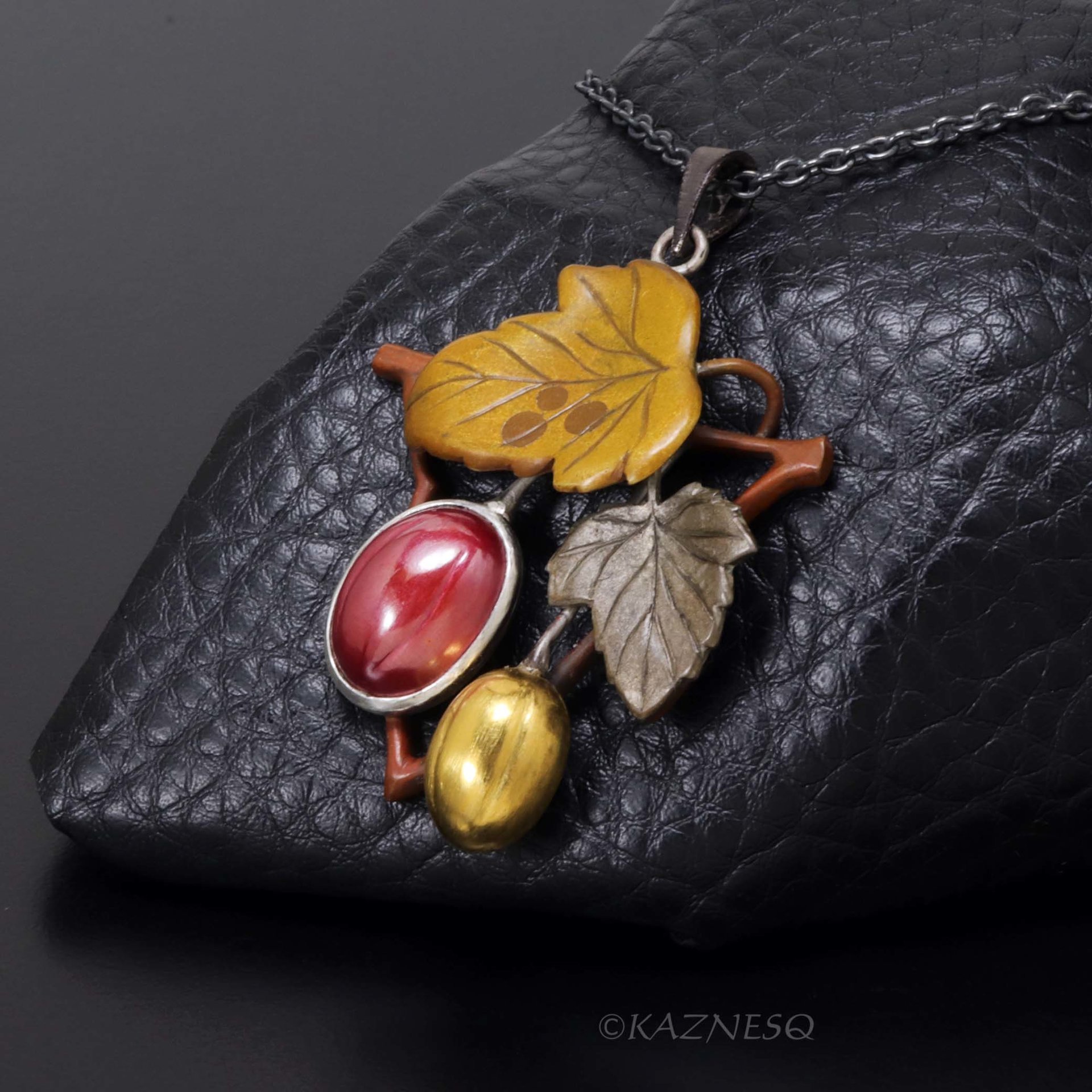 Traditional Japanese Techniques Hido and Iroage showcase Autumn Leaves and Fruit Necklace - Copper, Brass, and Shibuichi