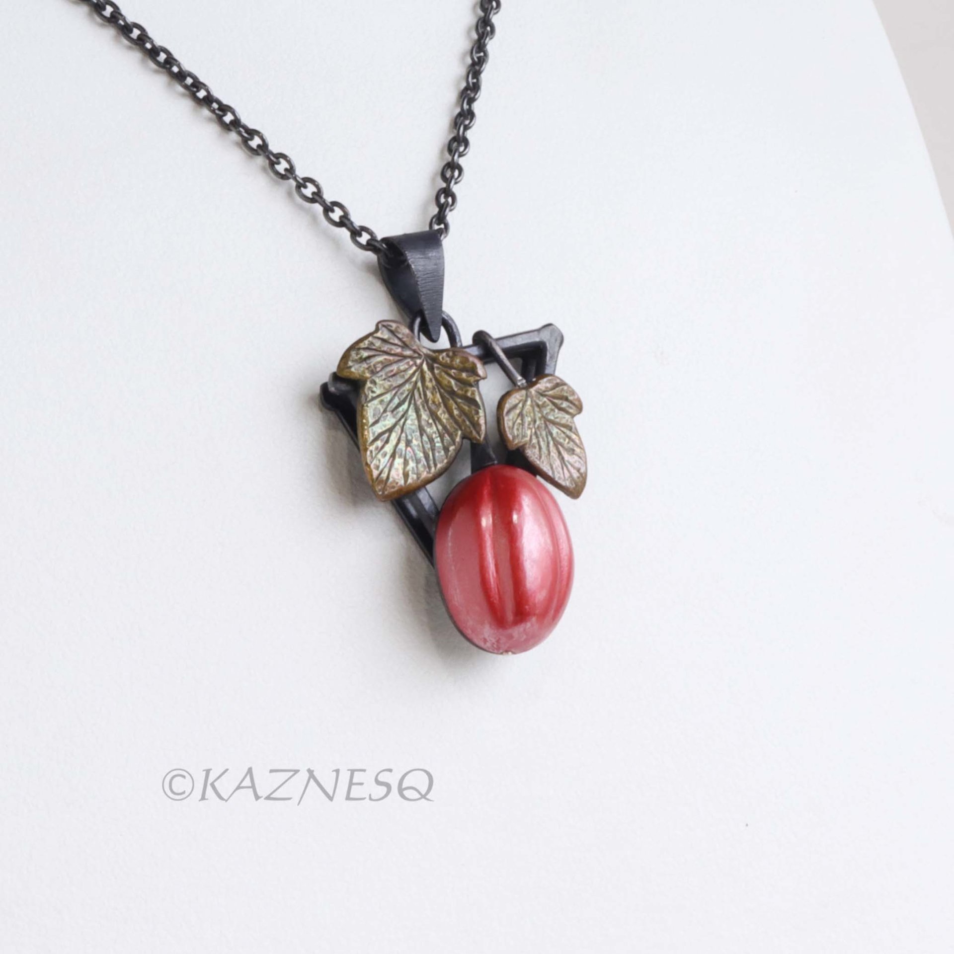 Art Piece! Japanese Patina Red Fruit Pendant - Hido Copper & Iroage Brass Art Jewelry