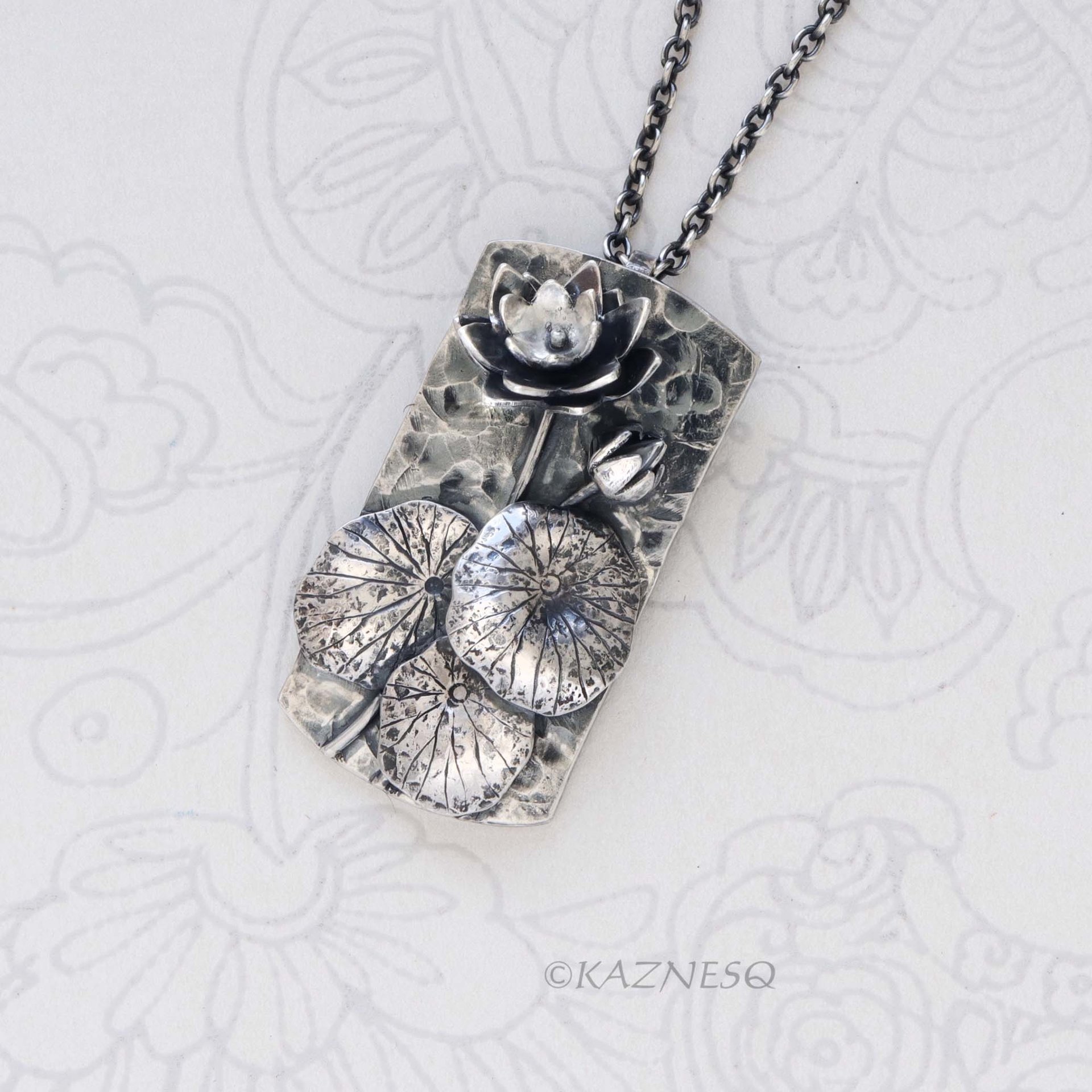 For Your Artistic Life! : Lotus motif Textured Oxidized Silver Unisex Pendant