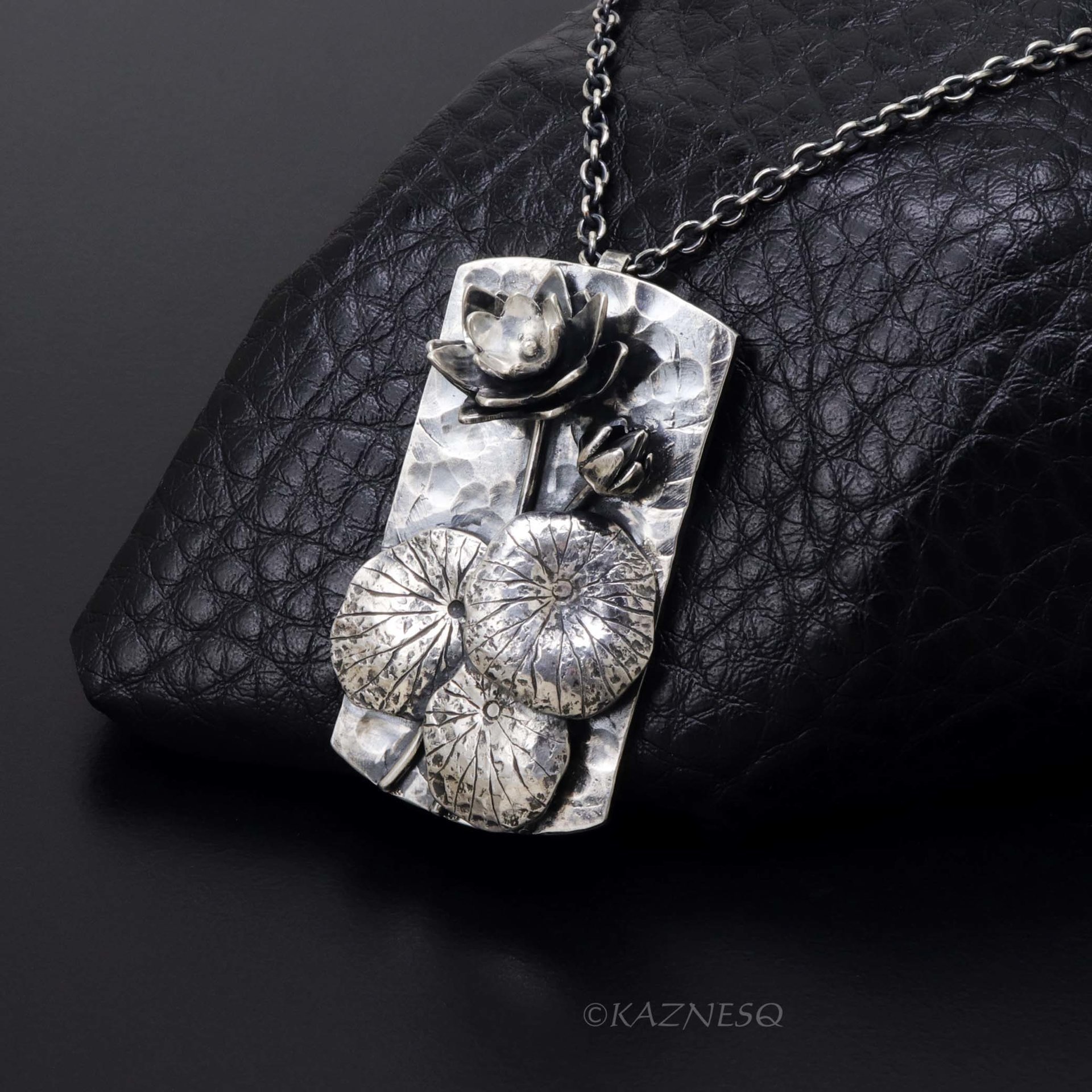 For Your Artistic Life! : Lotus motif Textured Oxidized Silver Unisex Pendant