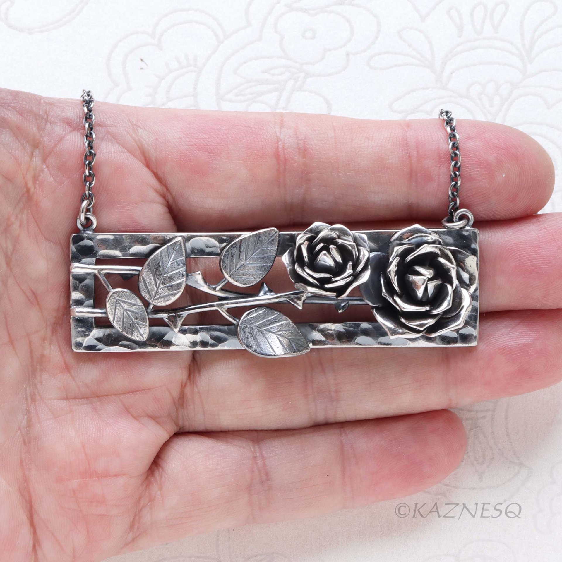 Dimensional Rose Oxidized Sterling Silver Statement Necklace