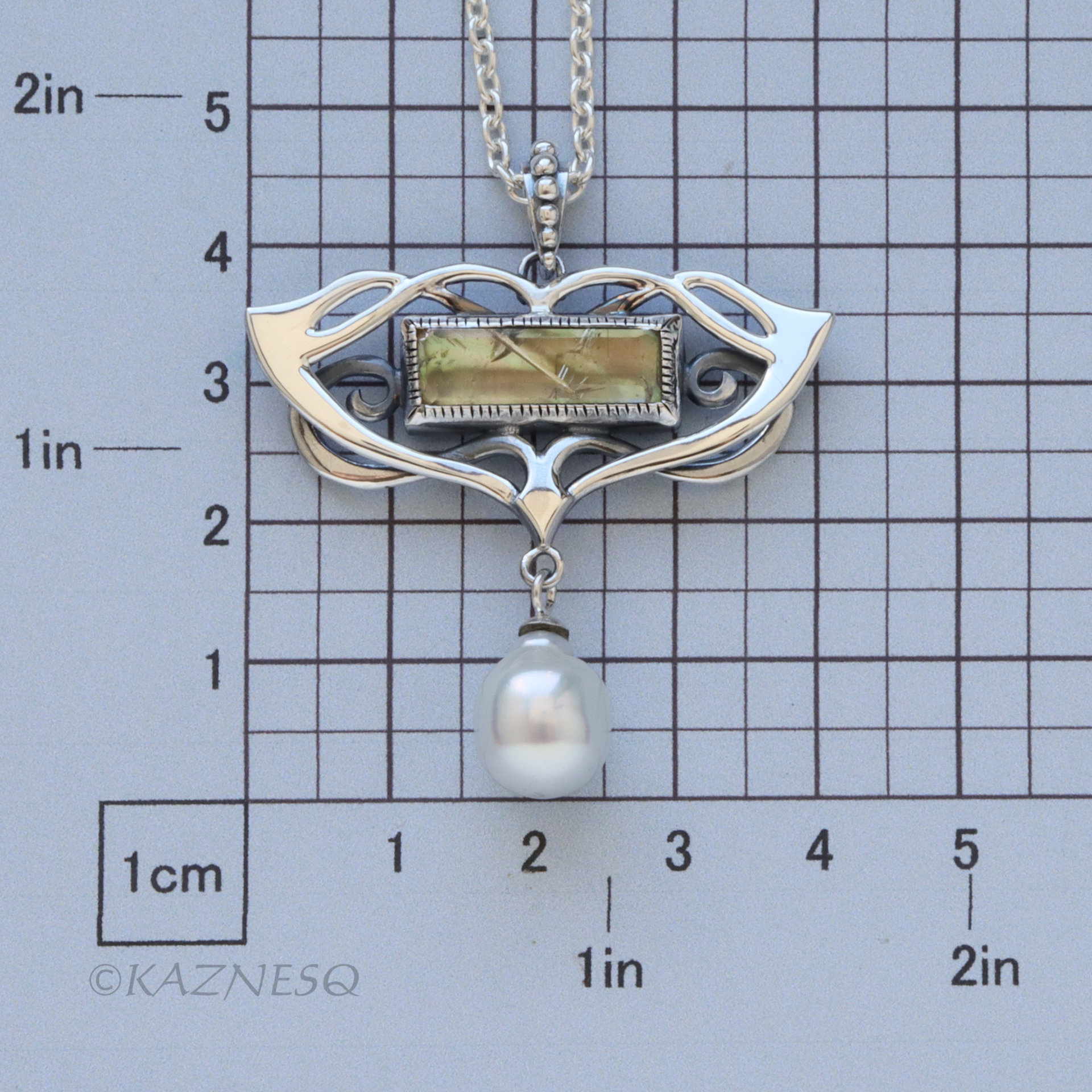 Vintage-Style Art Nouveau Silver Necklace with Rutilated Quartz and Baroque Pearl drop 
