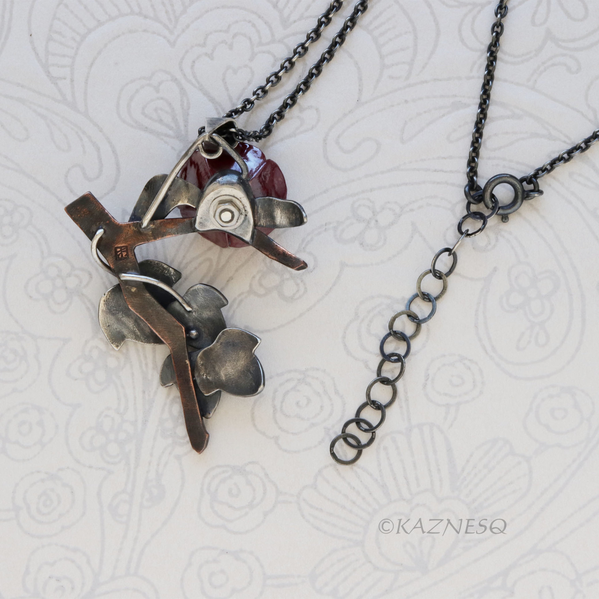 Japanese Camellia Pendant with Wild Ivy - Hido Red Copper and Golden Akoya Pearl