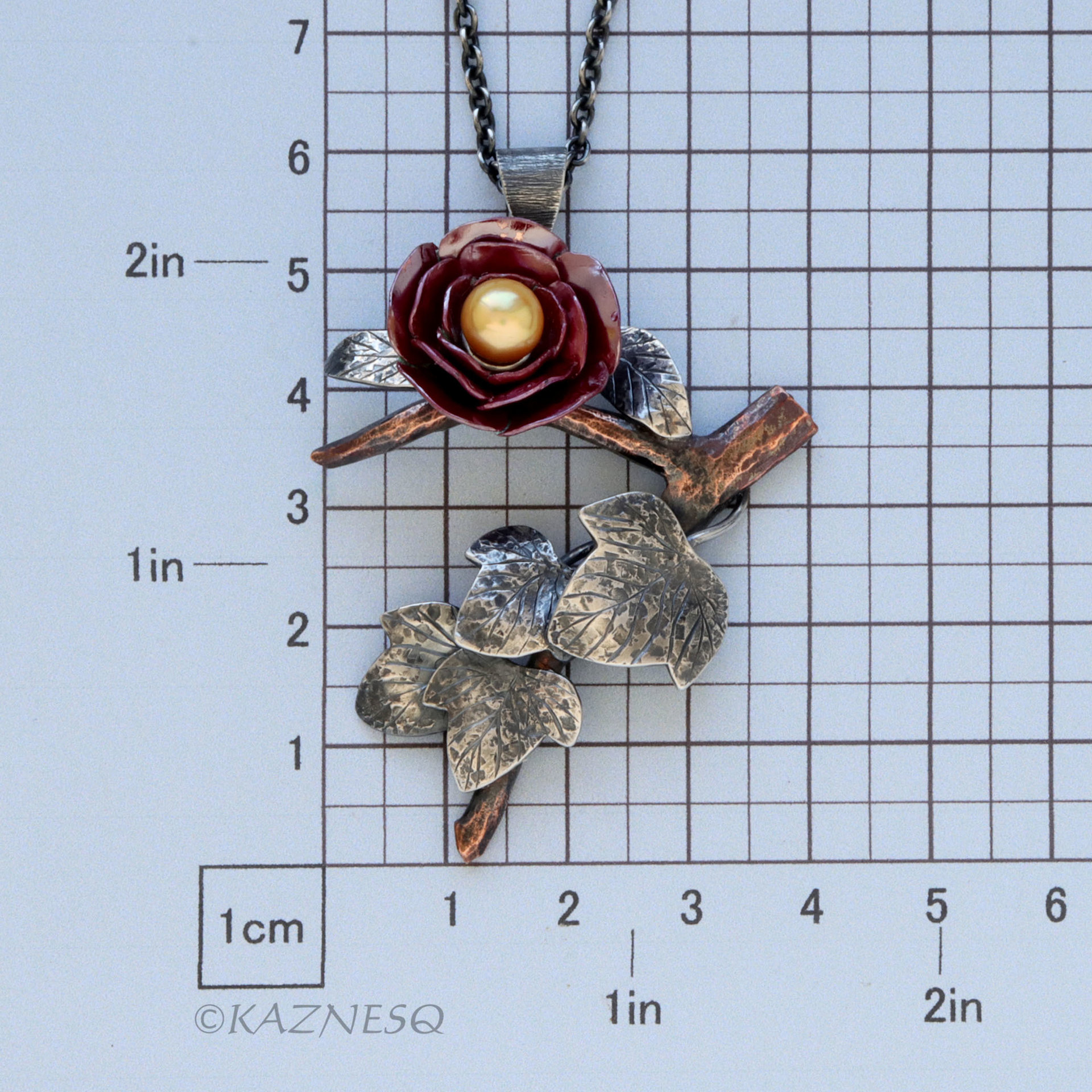Japanese Camellia Pendant with Wild Ivy - Hido Red Copper and Golden Akoya Pearl