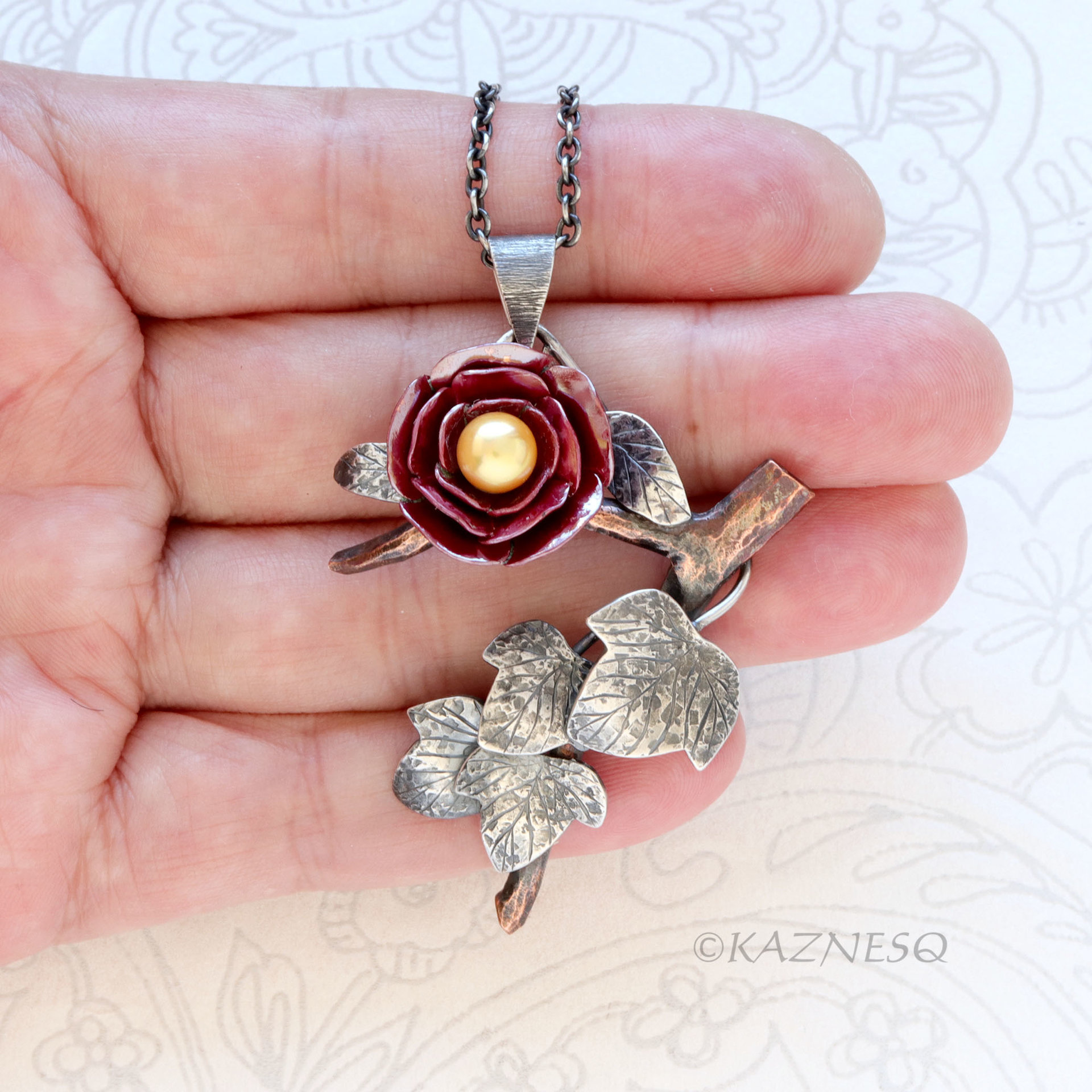 Japanese Camellia Pendant with Wild Ivy - Hido Red Copper and Golden Akoya Pearl