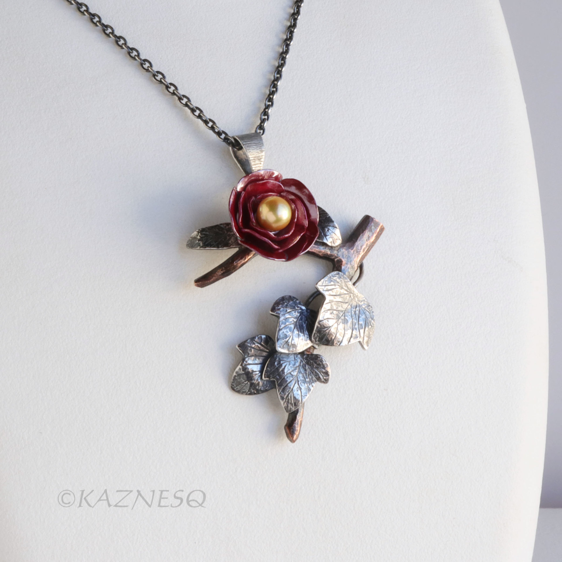 Japanese Camellia Pendant with Wild Ivy - Hido Red Copper and Golden Akoya Pearl