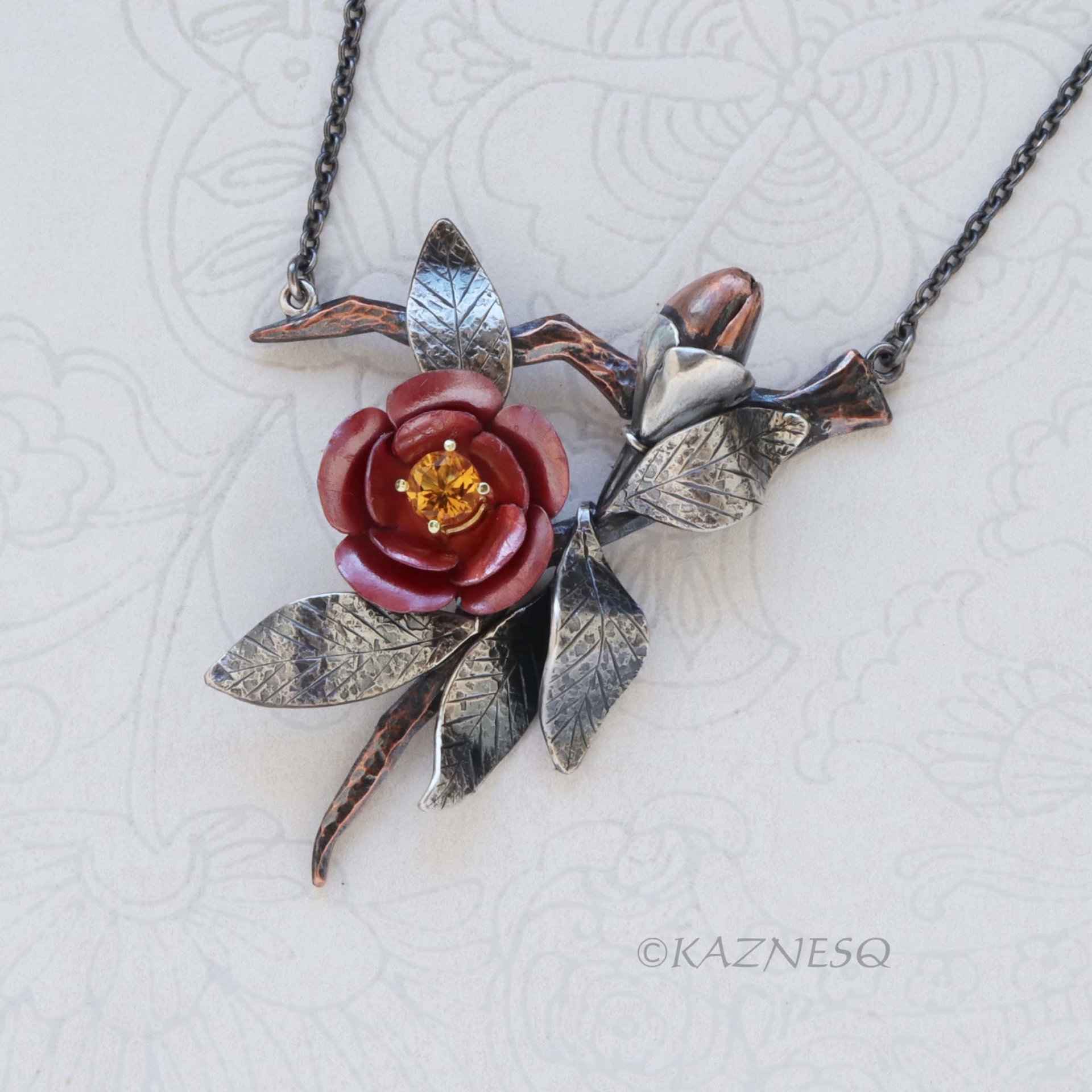 Japanese Red Camellia Pendant - Oxidized Silver & Red Copper with Golden Citrine