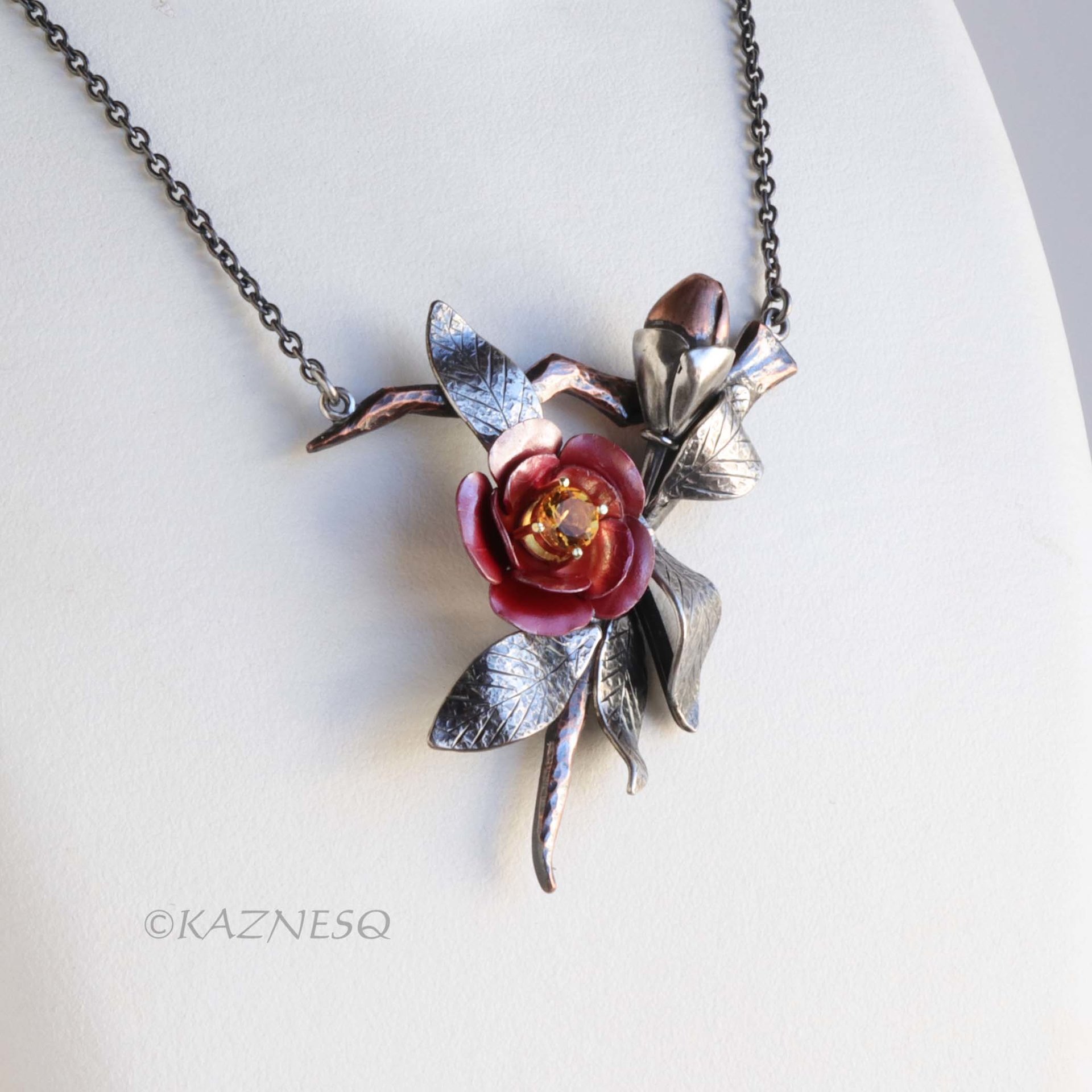 Japanese Red Camellia Pendant - Oxidized Silver & Red Copper with Golden Citrine