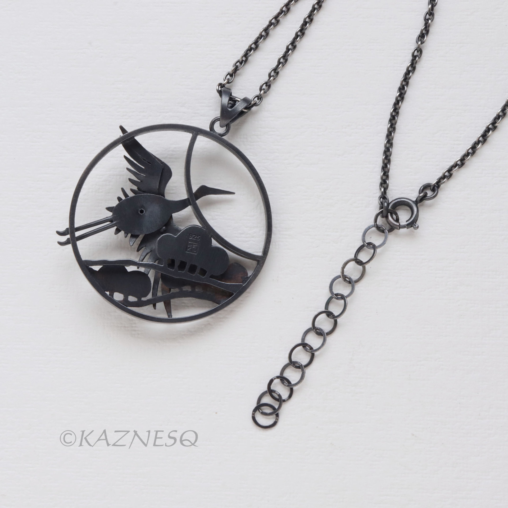 Sterling Silver Crane & Pine Pendant - Dimensional Japanese Nature Design