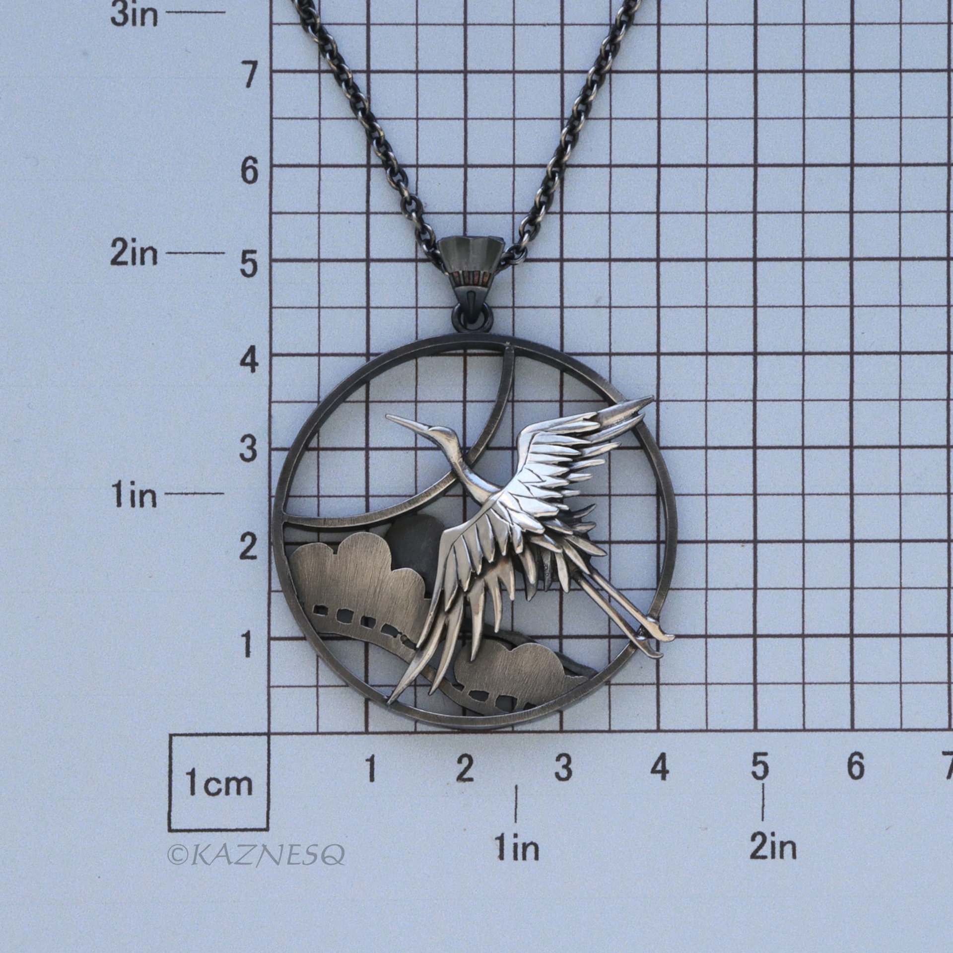 Sterling Silver Crane & Pine Pendant - Dimensional Japanese Nature Design