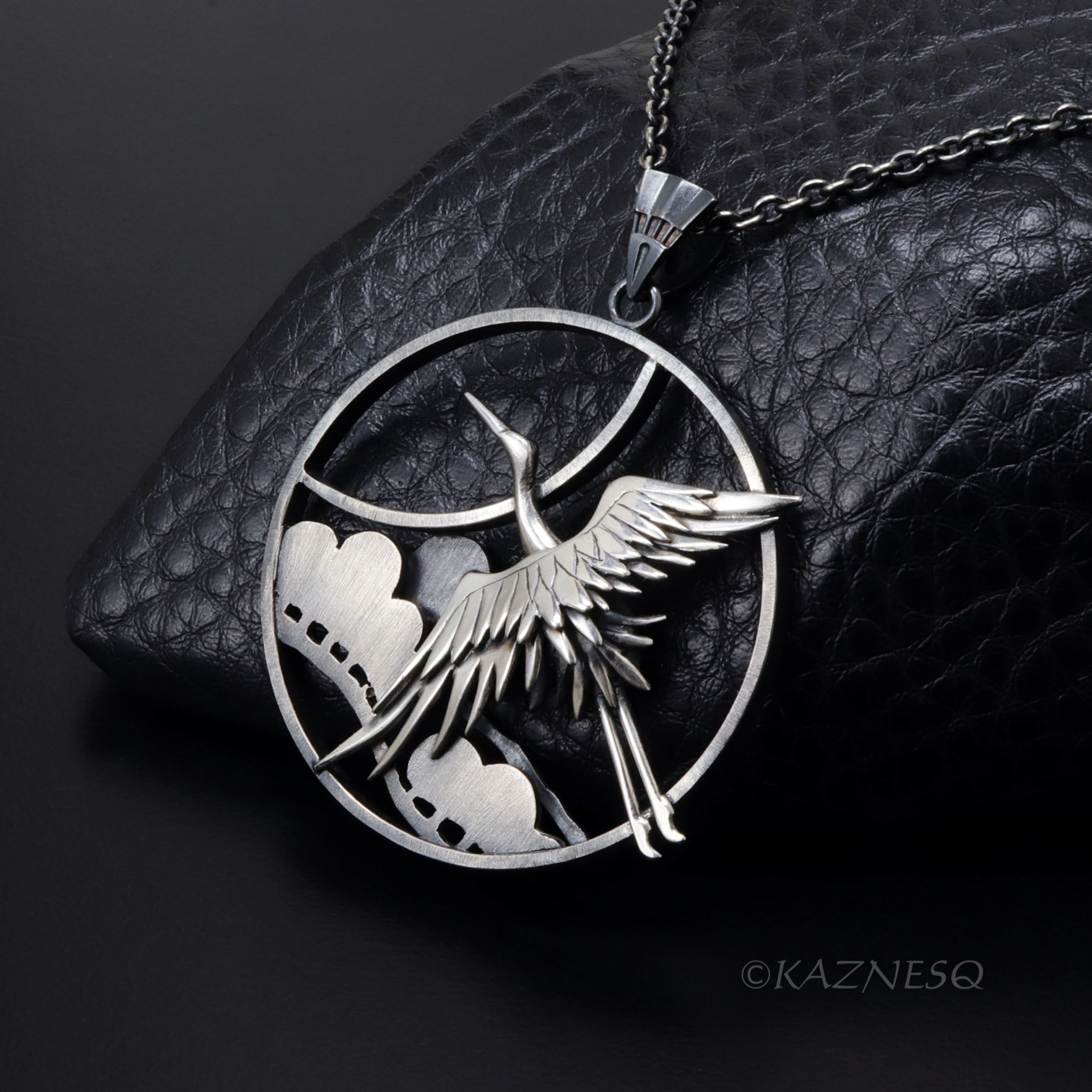 Sterling Silver Crane & Pine Pendant - Dimensional Japanese Nature Design