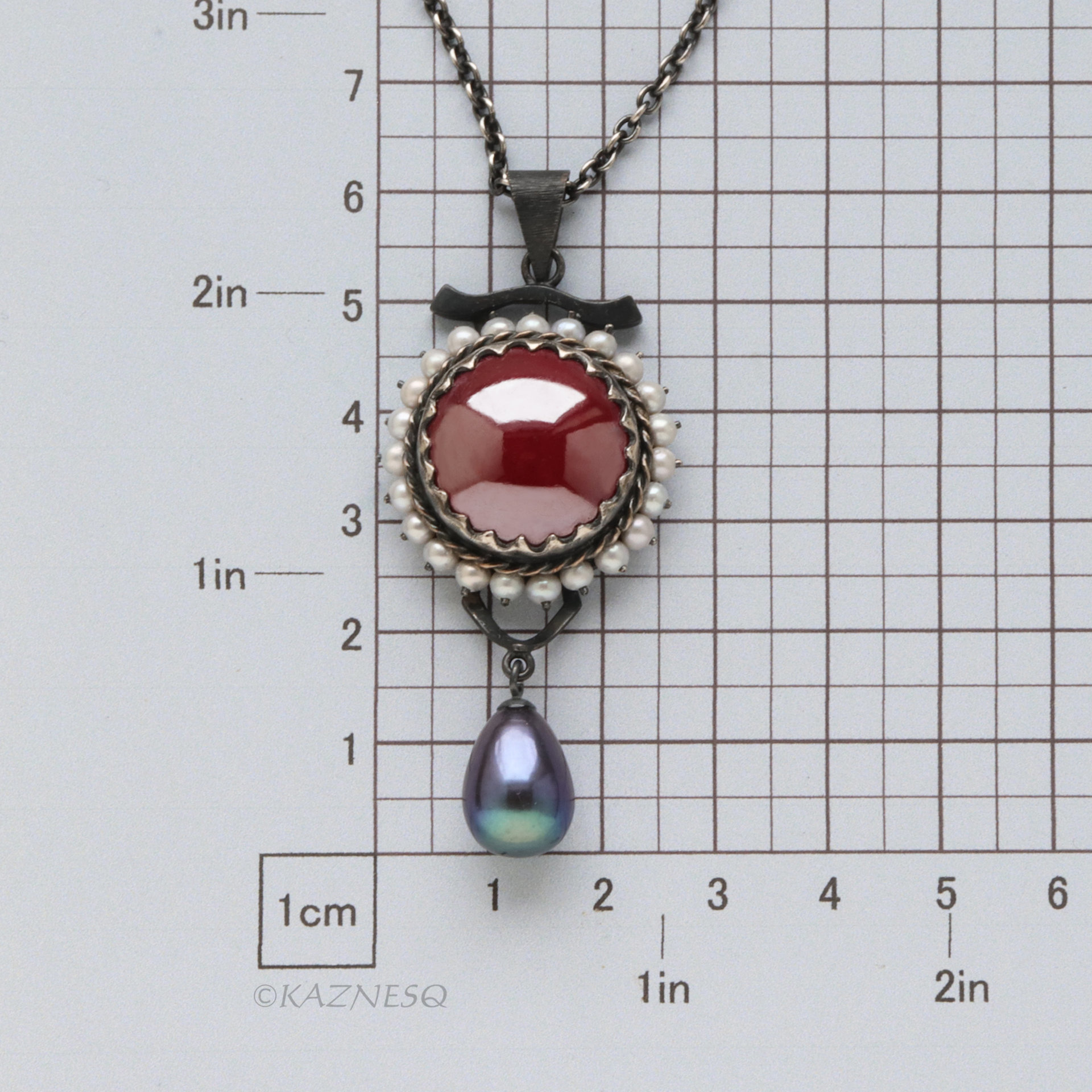 Crimson Hido Necklace — Japanese Heat Patina, Oxidized Silver & Multicolor Pearl Drop