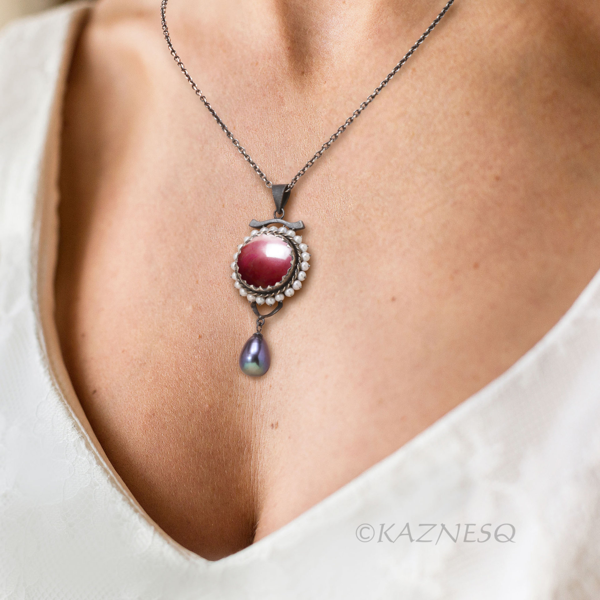 Crimson Hido Necklace — Japanese Heat Patina, Oxidized Silver & Multicolor Pearl Drop