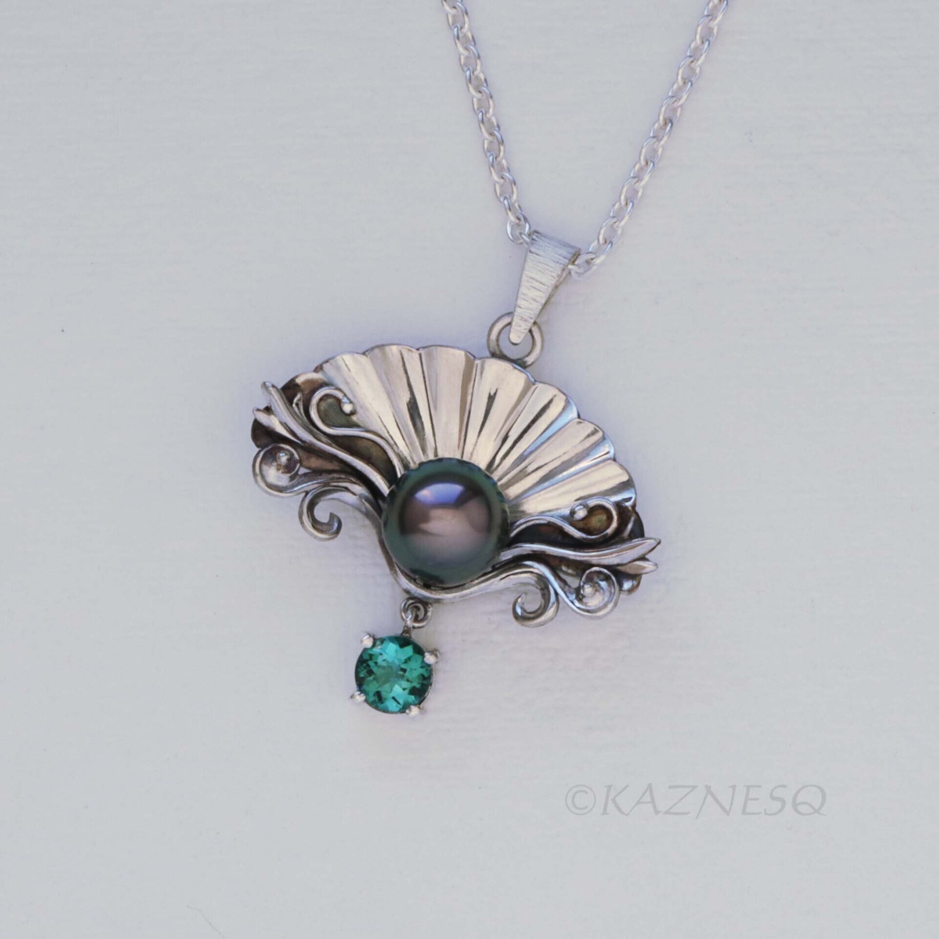 Black Pearl Necklace for Evenings Out – Rococo Silver Shell, Blue-Green Tourmaline