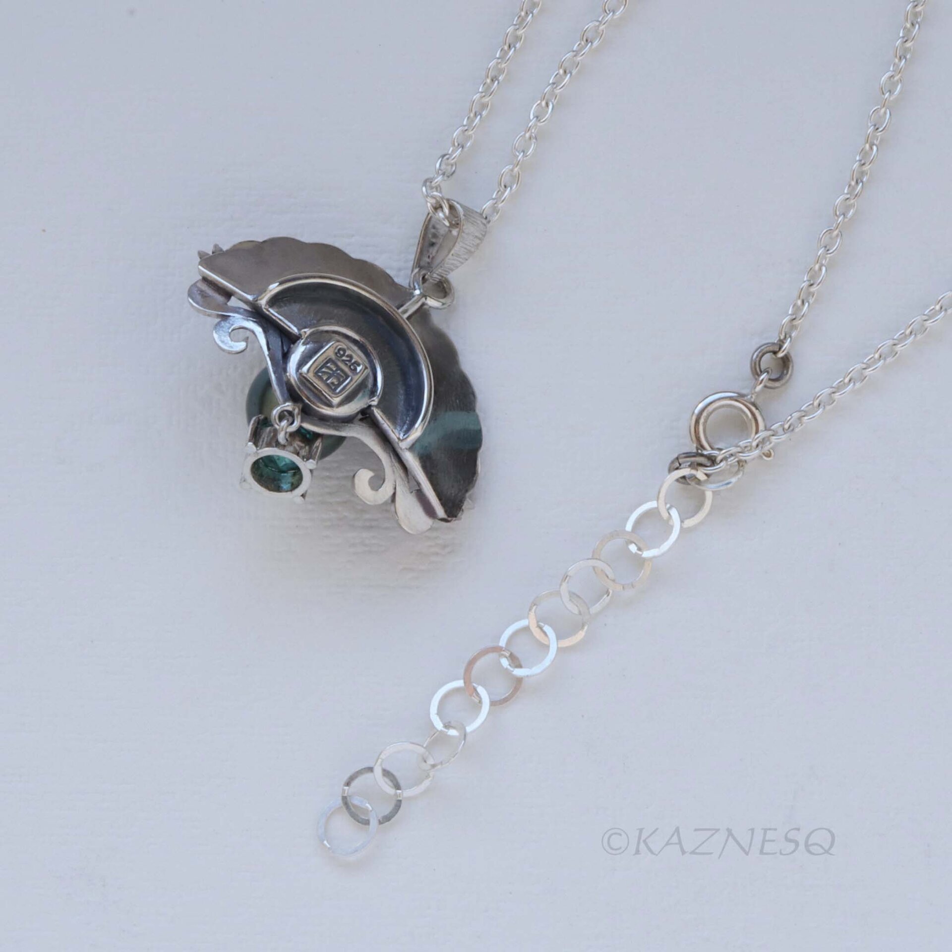 Black Pearl Necklace for Evenings Out – Rococo Silver Shell, Blue-Green Tourmaline