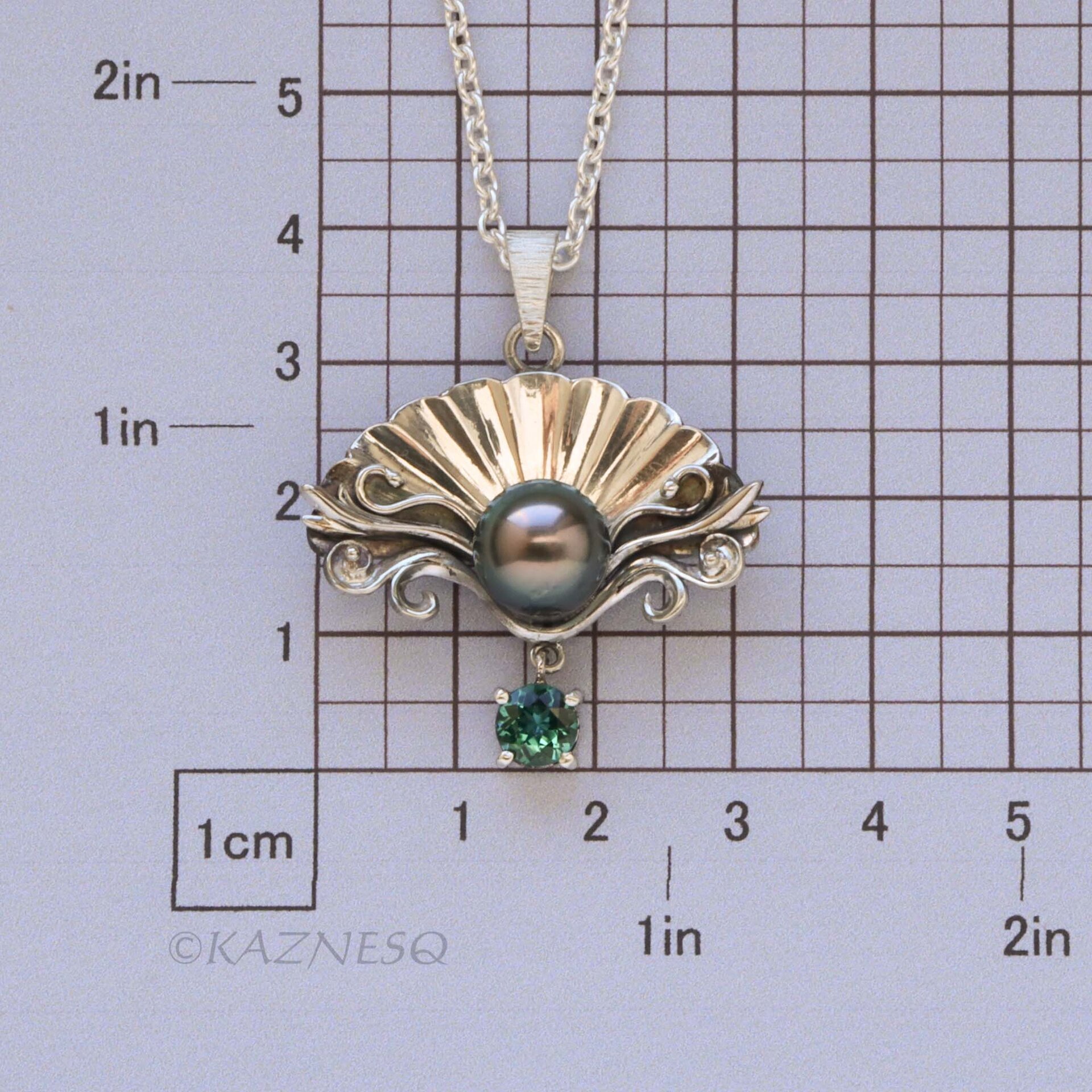 Black Pearl Necklace for Evenings Out – Rococo Silver Shell, Blue-Green Tourmaline