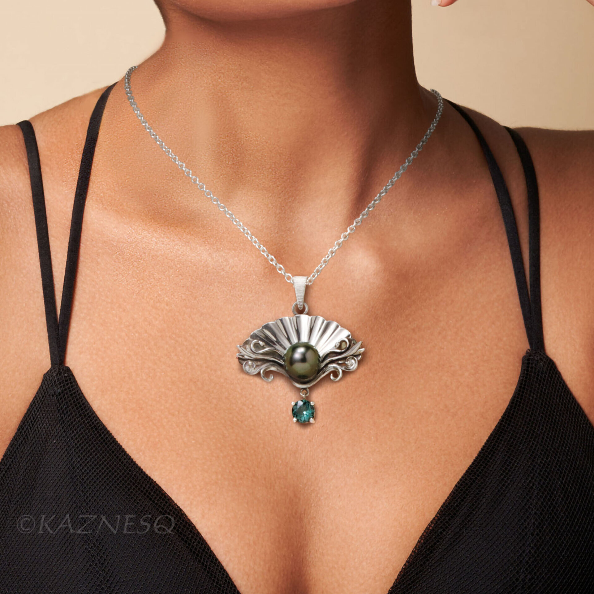 Black Pearl Necklace for Evenings Out – Rococo Silver Shell, Blue-Green Tourmaline
