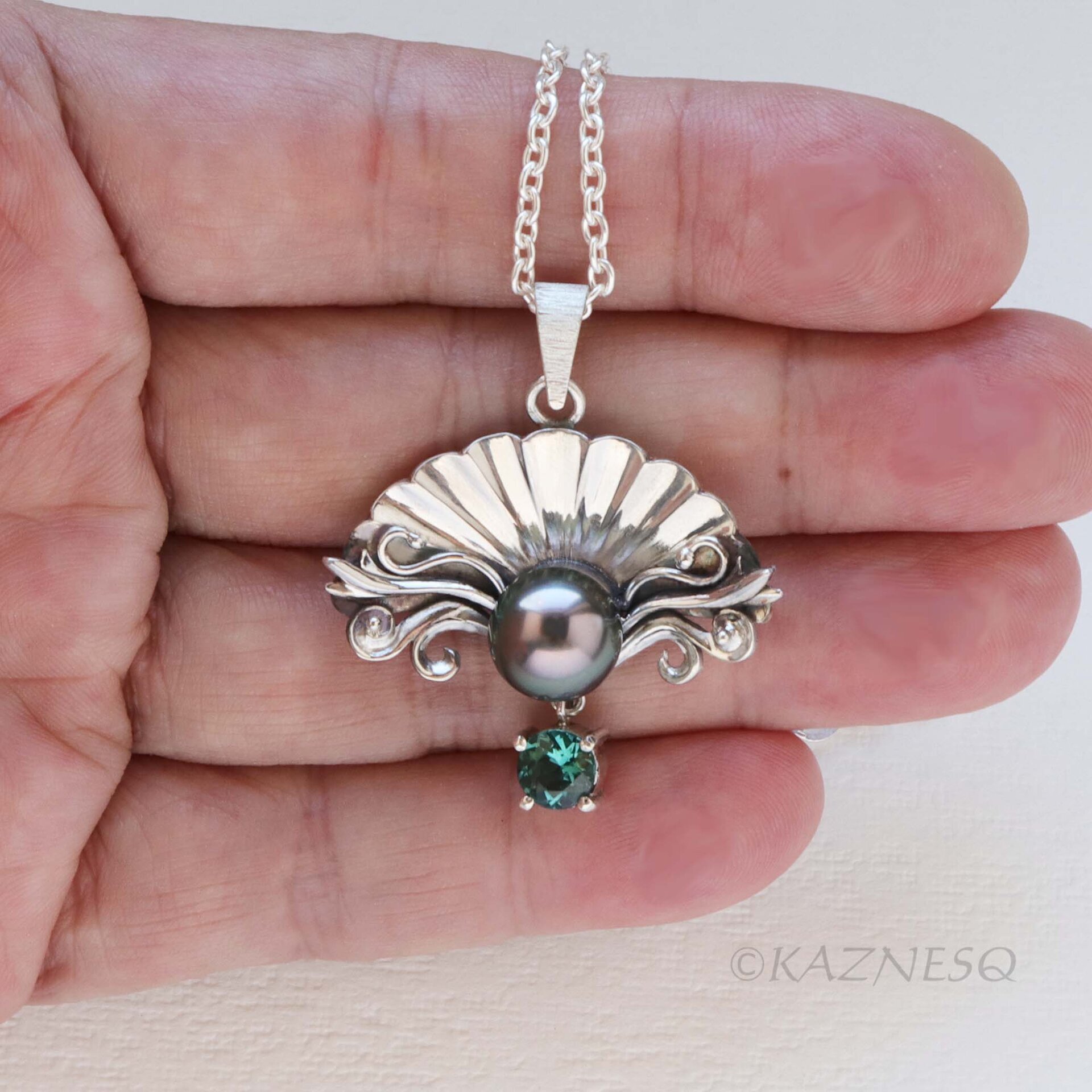 Black Pearl Necklace for Evenings Out – Rococo Silver Shell, Blue-Green Tourmaline