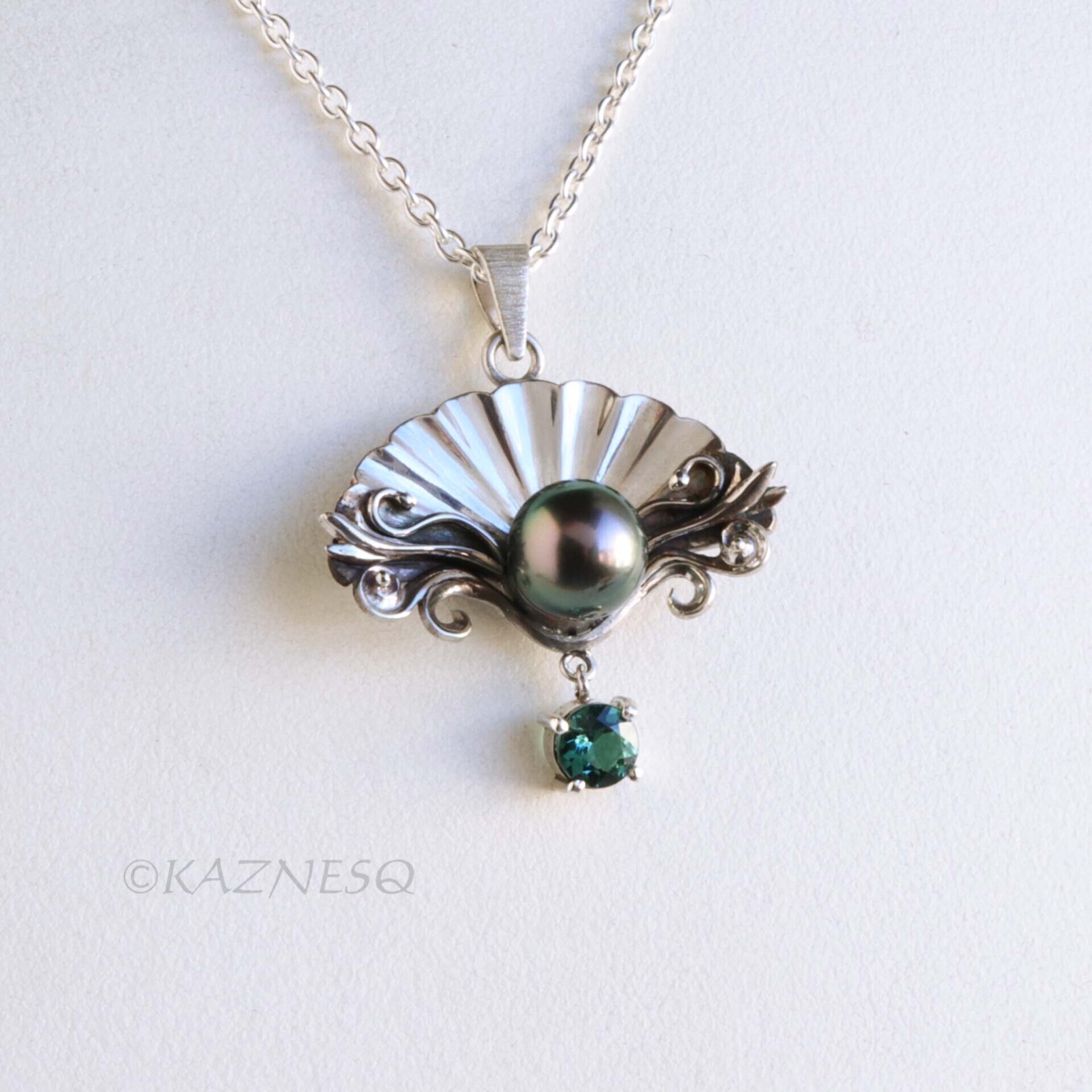 Black Pearl Necklace for Evenings Out – Rococo Silver Shell, Blue-Green Tourmaline