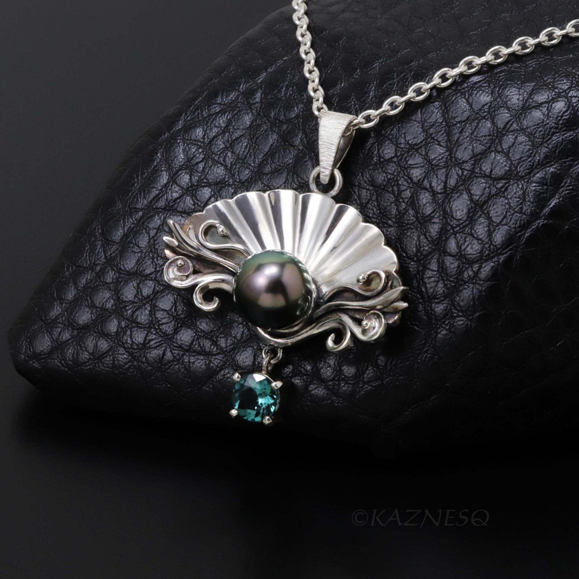 Black Pearl Necklace for Evenings Out – Rococo Silver Shell, Blue-Green Tourmaline