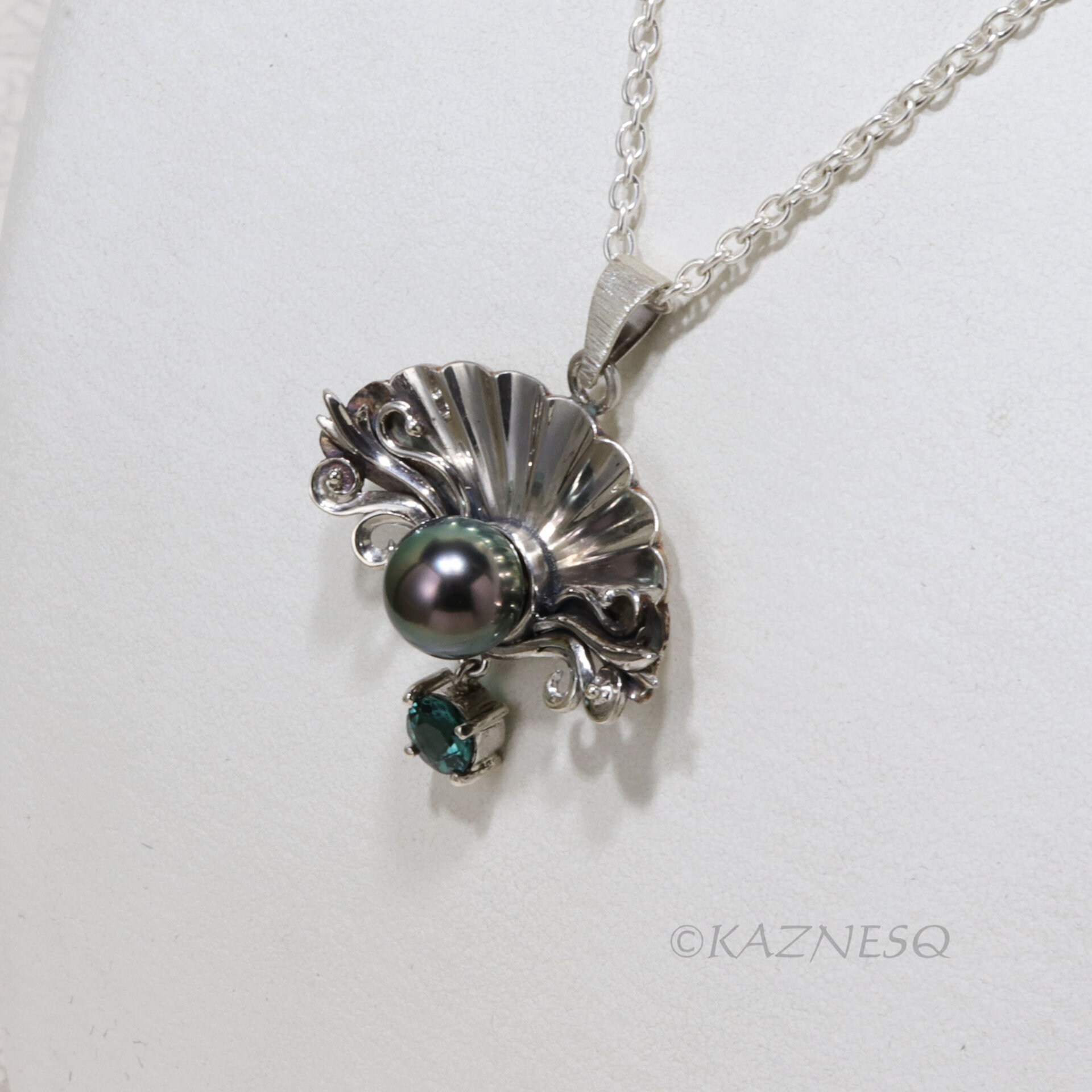 Black Pearl Necklace for Evenings Out – Rococo Silver Shell, Blue-Green Tourmaline