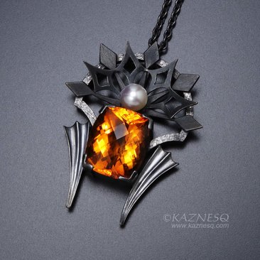 High quality citrine oxidized silver goth pendant necklace with a grayish akoya