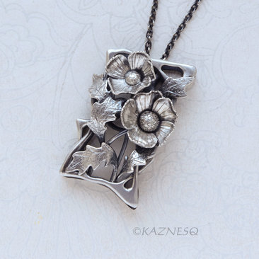 Sculptural Silver Poppy Necklace - Hand Fabricated Botanical Art Pendant