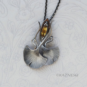 Art Nouveau style Oxidized Silver Ginkgo Pendant with Natural Sphene