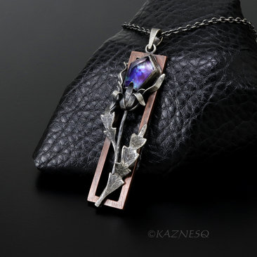 Oxidized Silver Thistle Pendant with a copper frame, Amethyst Mother of Pearl, Botanical Jewelry