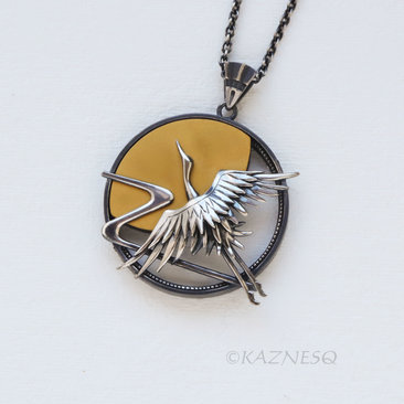 Japanese Crane in Flight with Rising Sun Pendant - Oxidized Sterling Silver & 24K Gold Keum-Boo