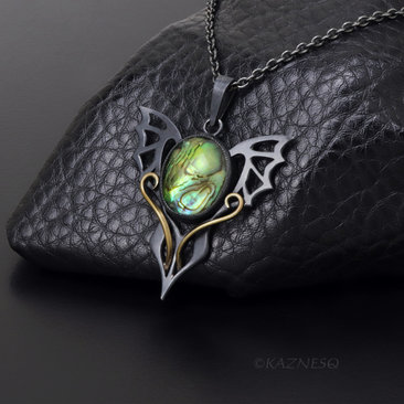 Handmade Gothic Pendant Necklace – Oxidized Silver Dragon Wing with Paua Shell Lemon Quartz Doublet & Brass Scrollwork