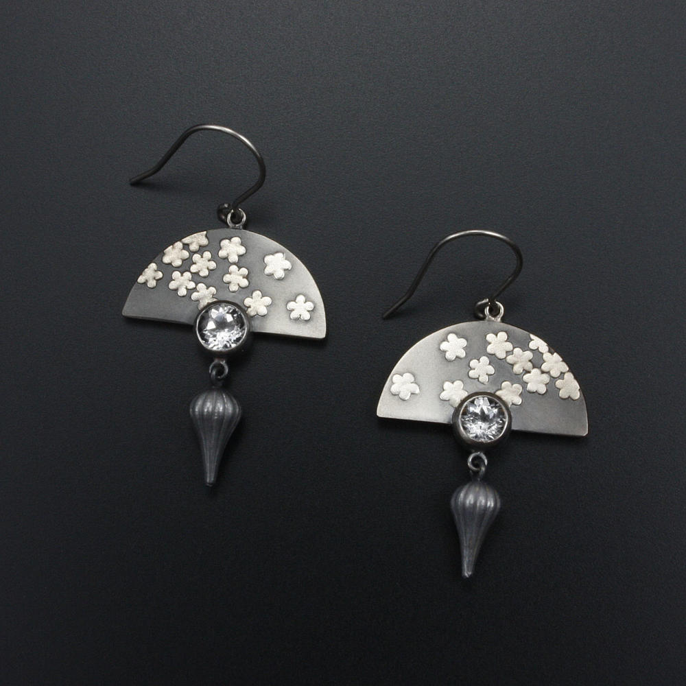Oxidized silver earrings, Japan earrings, white topaz, Keum Boo Ume bl ...