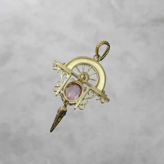 Art Deco style pendant, yellow gold pendant, pink tourmaline,diamond, and pearls