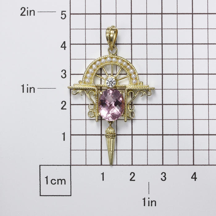 Art Deco style pendant, yellow gold pendant, pink tourmaline,diamond, and pearls